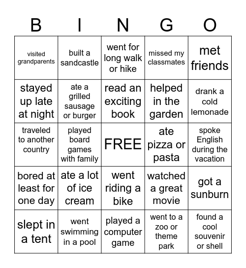 Summer Holidays Bingo Card