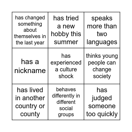 Identity Bingo Card