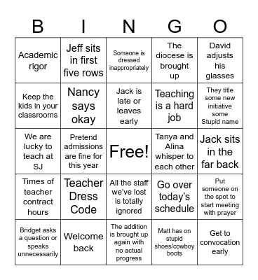 Back to School Meeting Bingo Card