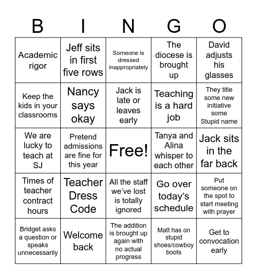 Back to School Meeting Bingo Card