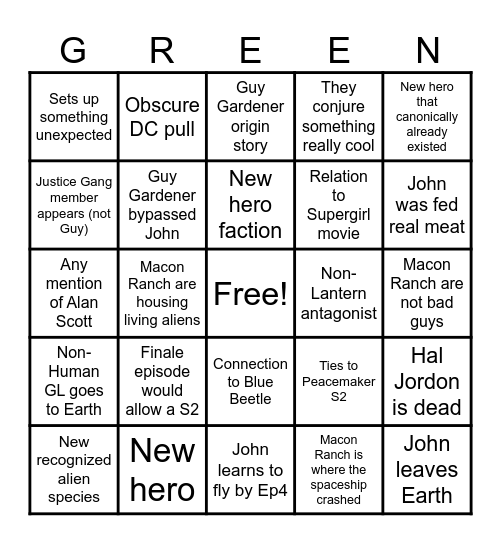 Green Lantern S1 Bingo Card