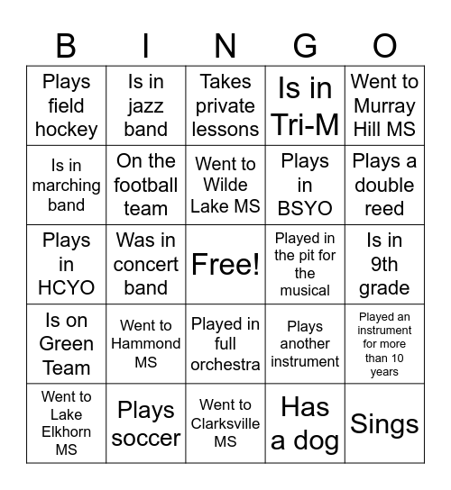 Wind Ensemble Bingo Card