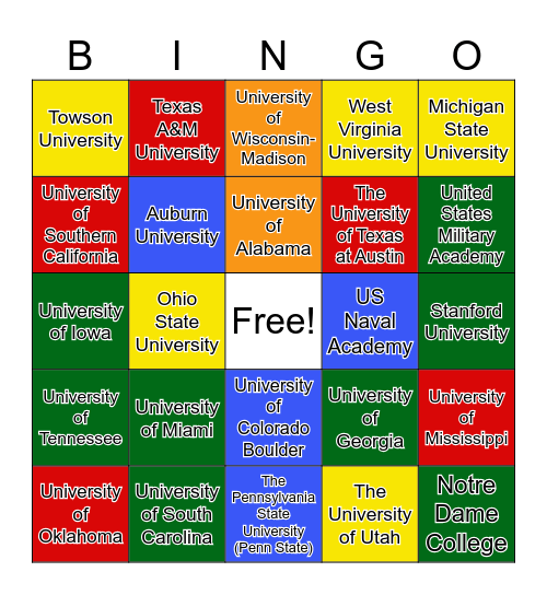 College Mascots Bingo Card