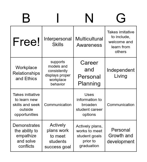 Career Success Standards Bingo Card