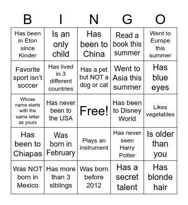 Classmate Bingo Card