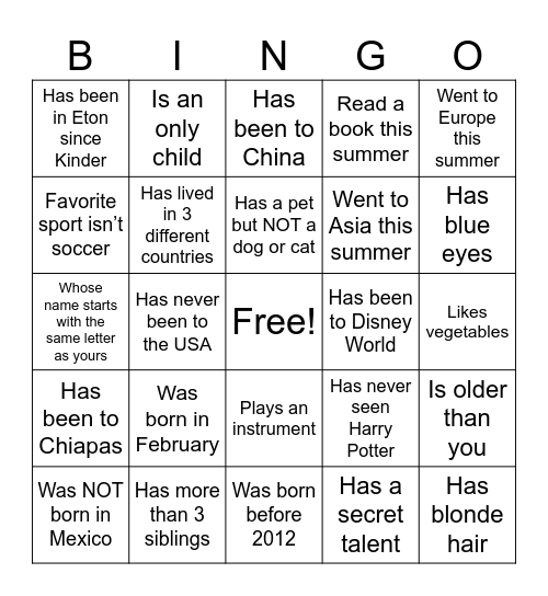 Classmate Bingo Card