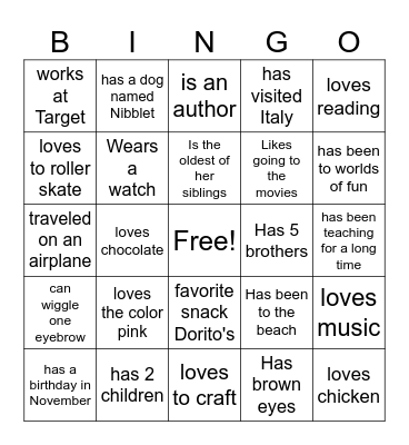 All About Mrs. JR Bingo Card