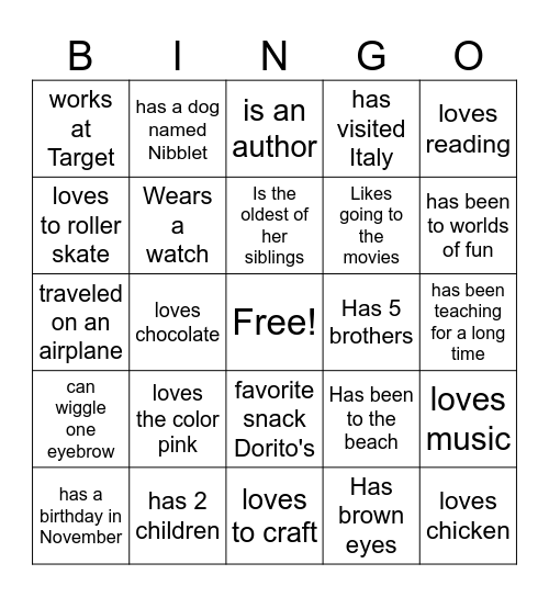 All About Mrs. JR Bingo Card