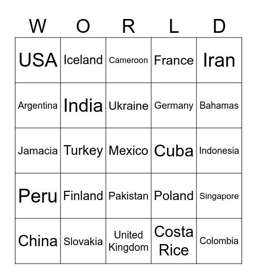 Countries Bingo Card