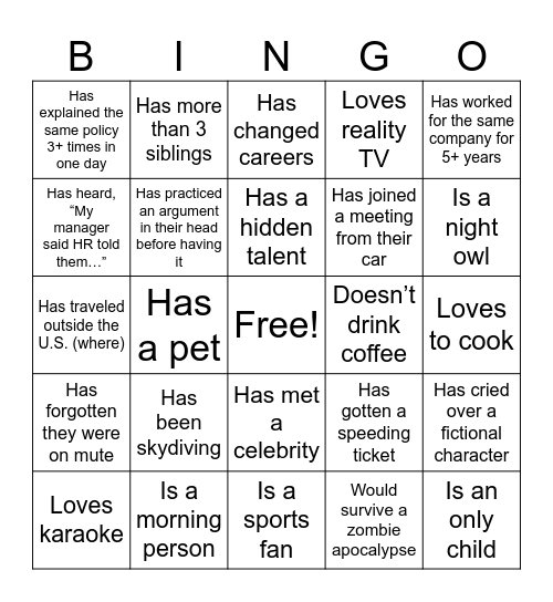 Game Stop HR Bingo Card