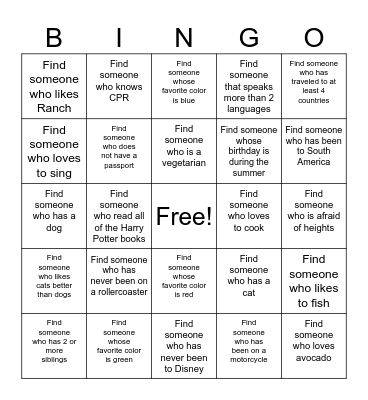 Get to know you Bingo Card