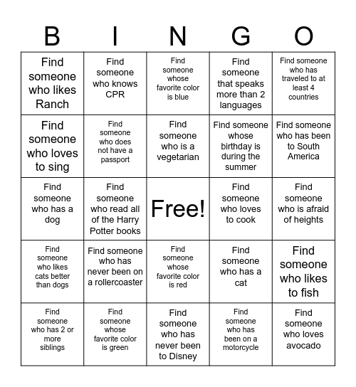 Get to know you Bingo Card