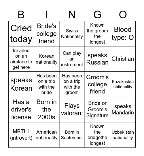Jiin & Oleg's Wedding Party Bingo Card