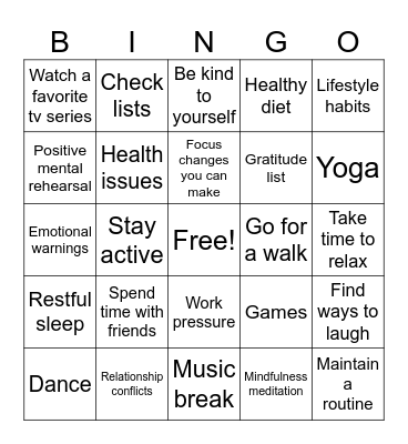 Stress Management Bingo Card