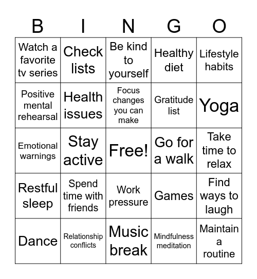 Stress Management Bingo Card