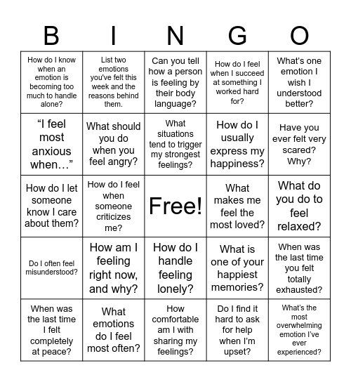 Identifying Emotions Bingo Card