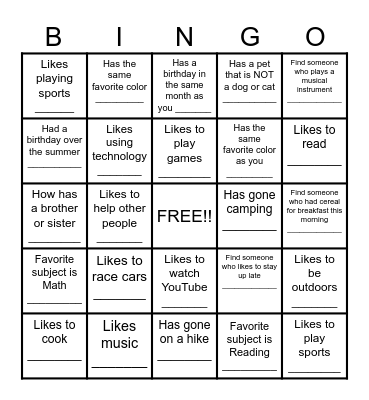 Cub Scout Friends Bingo Card