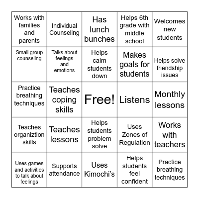 School Counselor Bingo Card