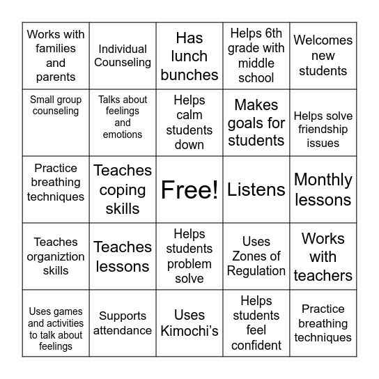 School Counselor Bingo Card