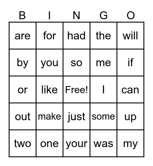 Sight Words Bingo Card