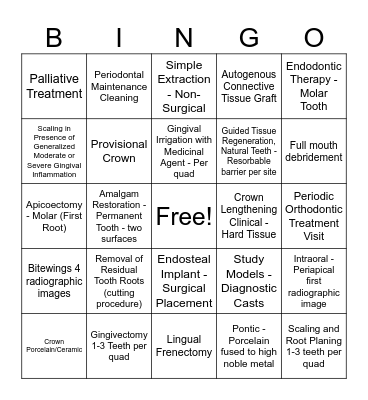 Dental ADA Bingo Card