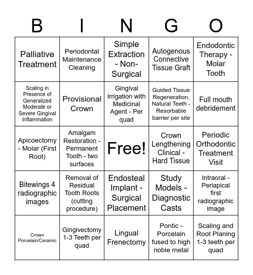 Dental ADA Bingo Card