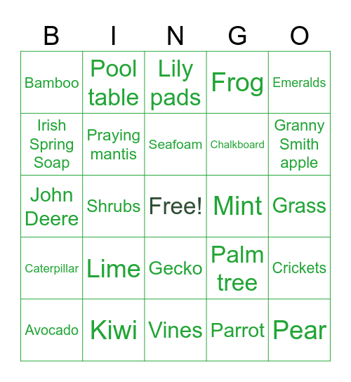 All Things GREEN! Bingo Card