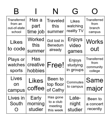 Transfer Seminar Fall 2026 Bingo Card