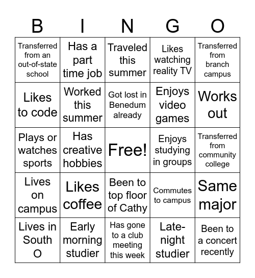 Transfer Seminar Fall 2026 Bingo Card