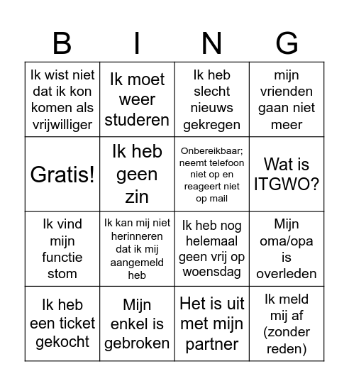 De grote vrijwilligers afzeg bingo Card