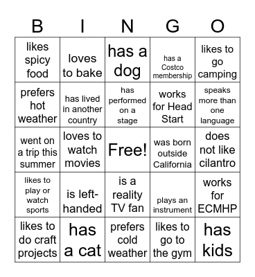 Let's Get To Know One Another! Bingo Card