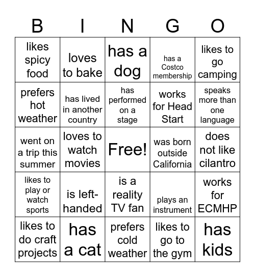 Let's Get To Know One Another! Bingo Card