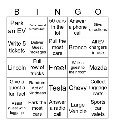 Valet Bingo Card