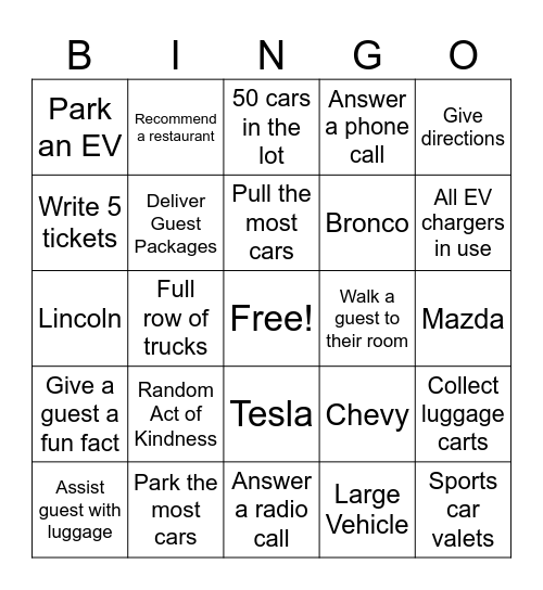 Valet Bingo Card