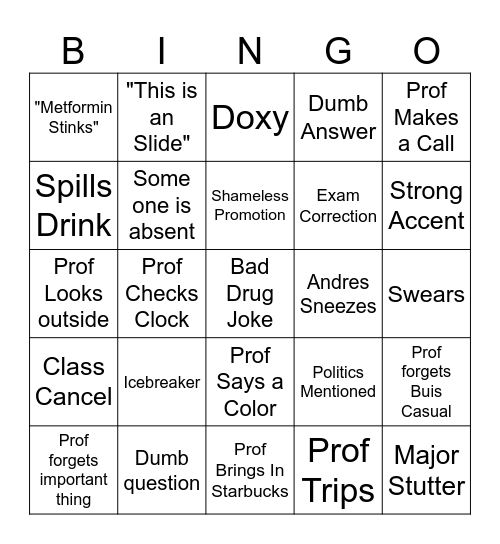 Pharm School Bingo Card