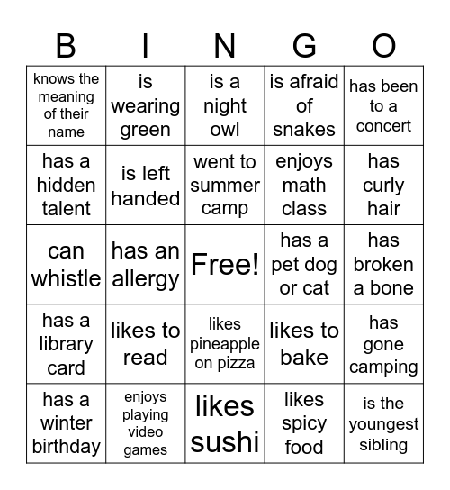 Get to Know You Bingo Card