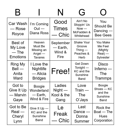 : Disco, Funk & Feel-Good Bingo Card