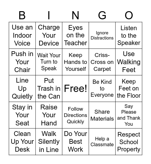 Classroom Rules Bingo Card