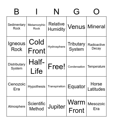 General Earth Science Bingo Card
