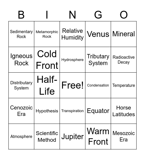 General Earth Science Bingo Card