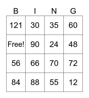 Multiplication Bingo Card