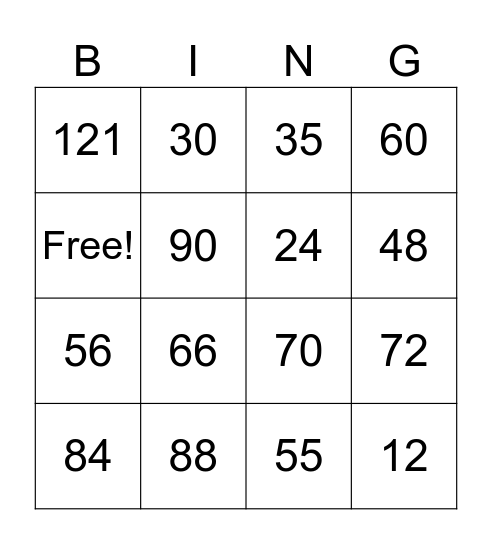Multiplication Bingo Card