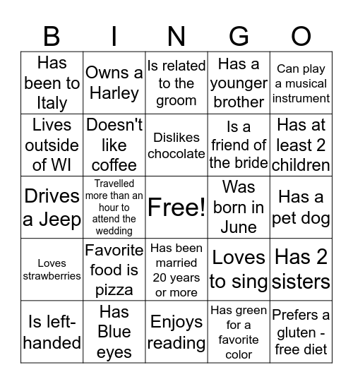 Wedding Guest Bingo: Find someone who... Bingo Card