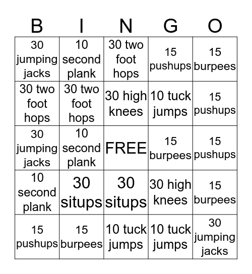 Fitness Bingo Card