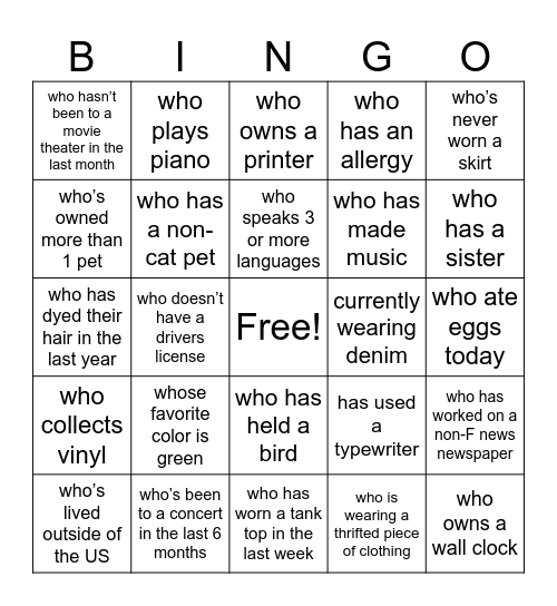 F News BINGO! Find someone… Bingo Card