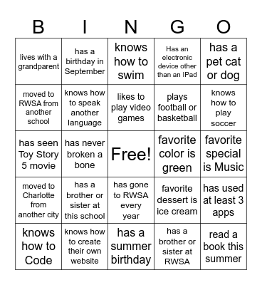 Beginning of Year BINGO Card
