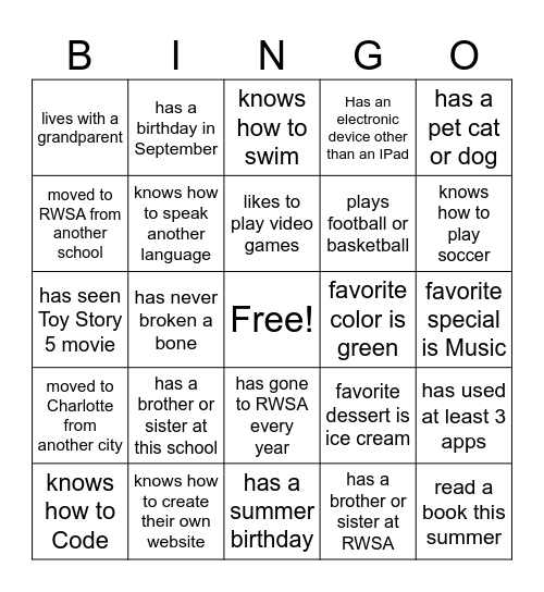 Beginning of Year BINGO Card