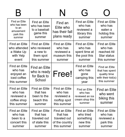 Summer Sundown Yelp Elite Bingo Card