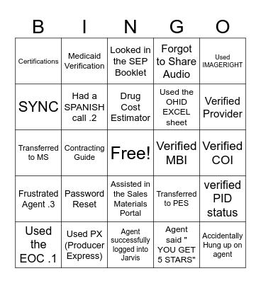 Generalist Bingo Card