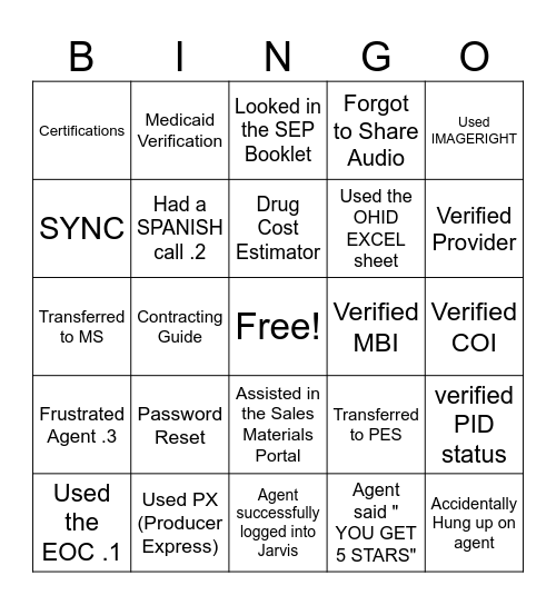 Generalist Bingo Card